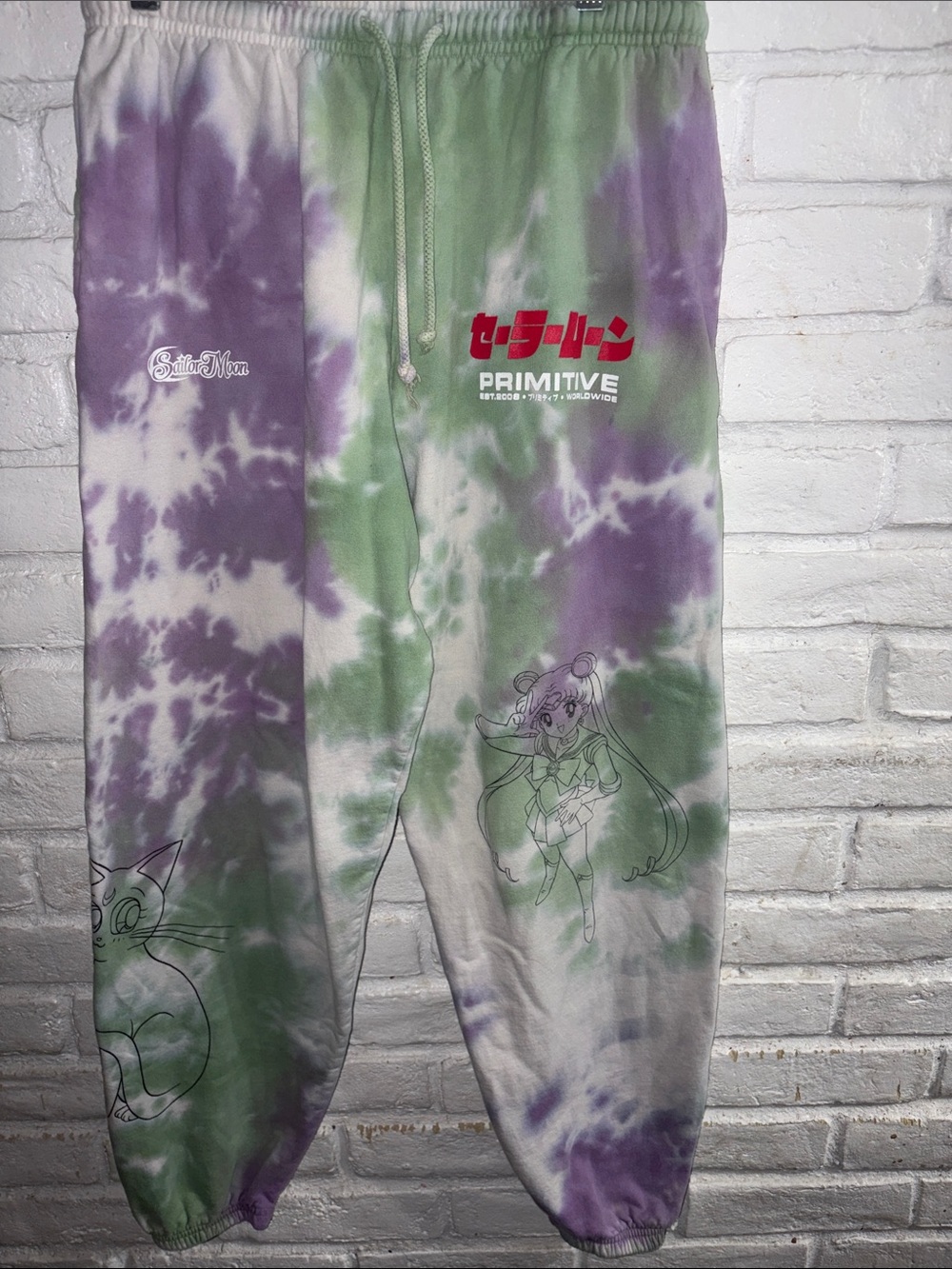 Primitive Tie-Dye Sweatpants — Green, Purple & White Sailor Moon Graphic S/M